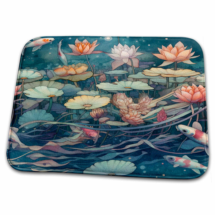 Dish Drying Mat - Pretty Lotus Flowers and Koi Fish Background Backgrounds - Anne Marie Baugh