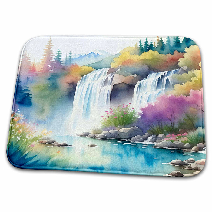 Dish Drying Mat - Pretty Image Of Watercolor Water Falls Forest Background Backgrounds - Anne Marie Baugh