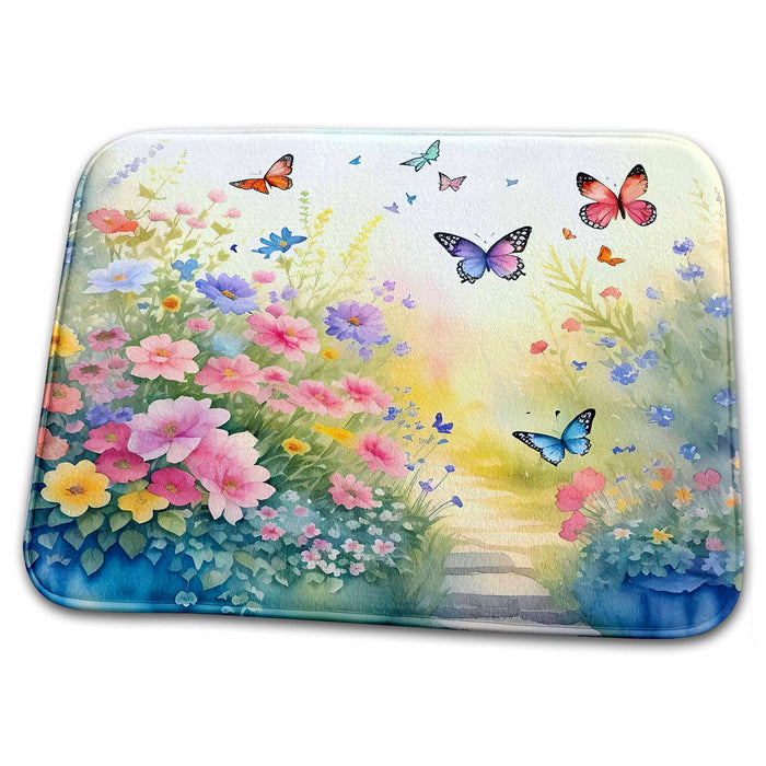 Dish Drying Mat - Pretty Flower Path and Butterflies Background Backgrounds - Anne Marie Baugh