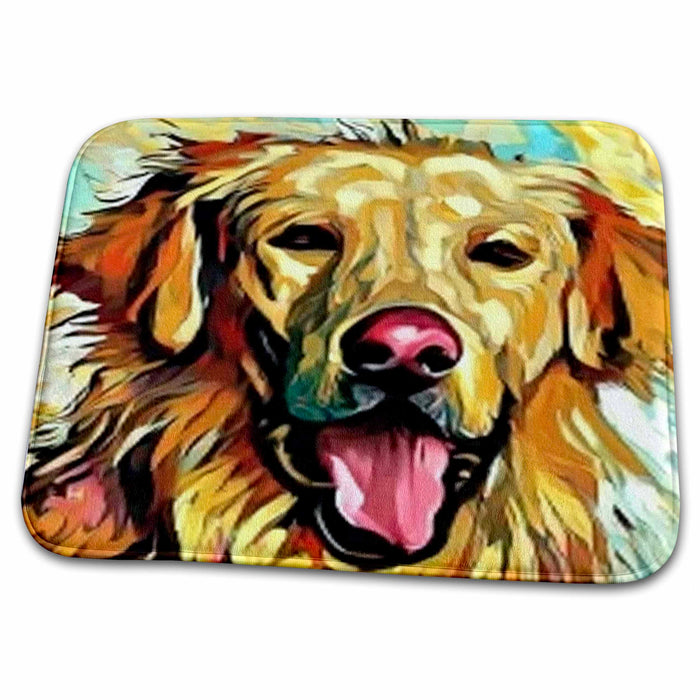 Dish Drying Mat - Cool Colorful Cute Golden Retriever Dog Head in Water Color Style Pets