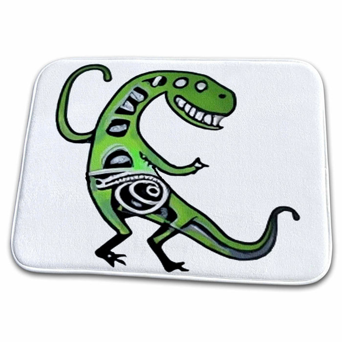 Dish Drying Mat - Cool Colorful Cute Green T-rex Dinosaur Dancing Kokopelli Abstract Dinosaurs