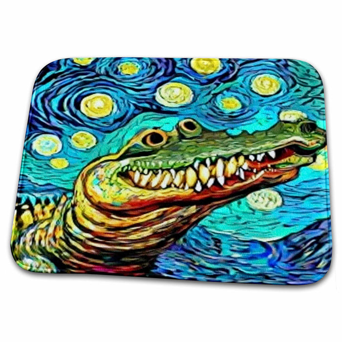 Dish Drying Mat - Cool Colorful Alligator Head in Van Gogh Starry Night Style Nature Art Animals