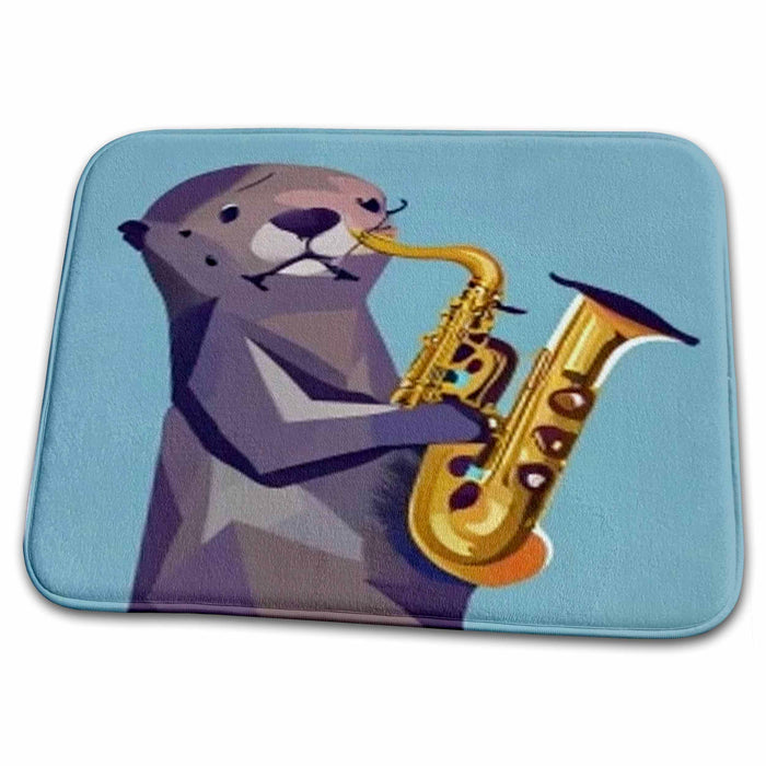 Dish Drying Mat - Cute Cool funny Sea Otter Playing Saxophone Music Satire Music and Animals