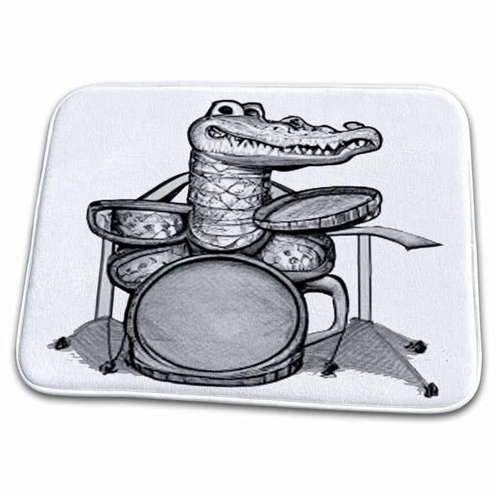 Dish Drying Mat - Cute funny Alligator Playing the Drums Music Cartoon Music and Animals