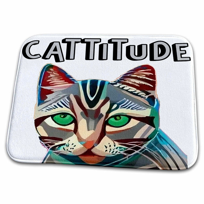 Dish Drying Mat - Cute funny Grey Tabby Cat with Attitude Cattitude Pun Pets