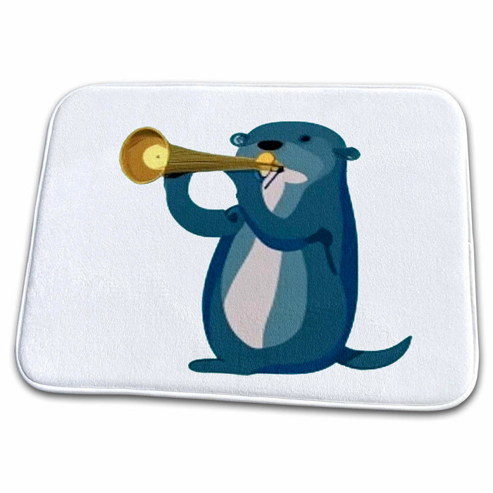 Dish Drying Mat - Cute Funny Sea Otter Playing Trumpet Music Cartoon Music and Animals