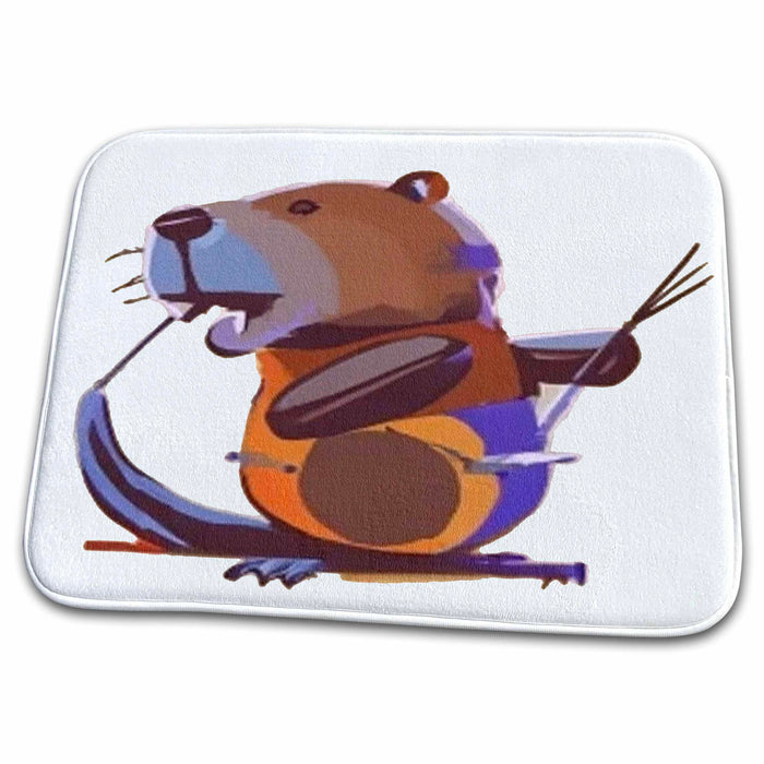 Dish Drying Mat - Cute funny Cool Beaver Playing the Drums Music Cartoon Music and Animals