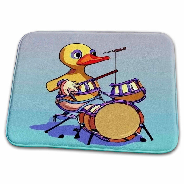 Dish Drying Mat - Cute funny Cool Yellow Duck Playing the Drums Music Cartoon Birds