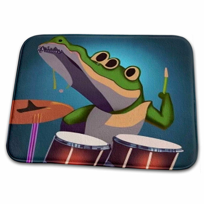 Dish Drying Mat - Cute funny Colorful Alligator Playing the Drums Music Cubism Style Music and Animals