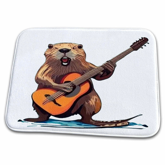 Dish Drying Mat - Cute funny Cool Beaver Playing Guitar Music Cartoon Music and Animals