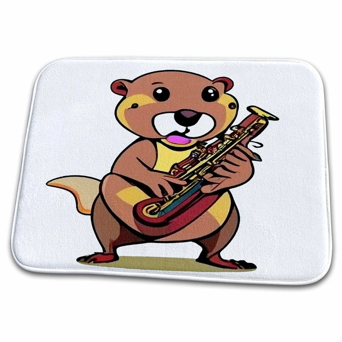 Dish Drying Mat - Cute funny Cool Beaver Playing Saxophone Music Cartoon Music and Animals