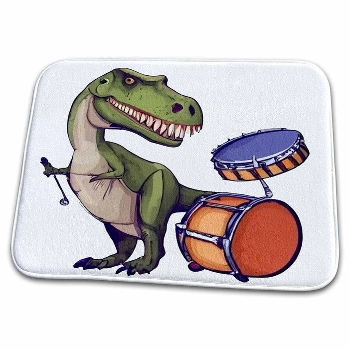 Dish Drying Mat - Cute funny Colorful T-rex Dinosaur Playing the Drums Music Cubism Dinosaurs