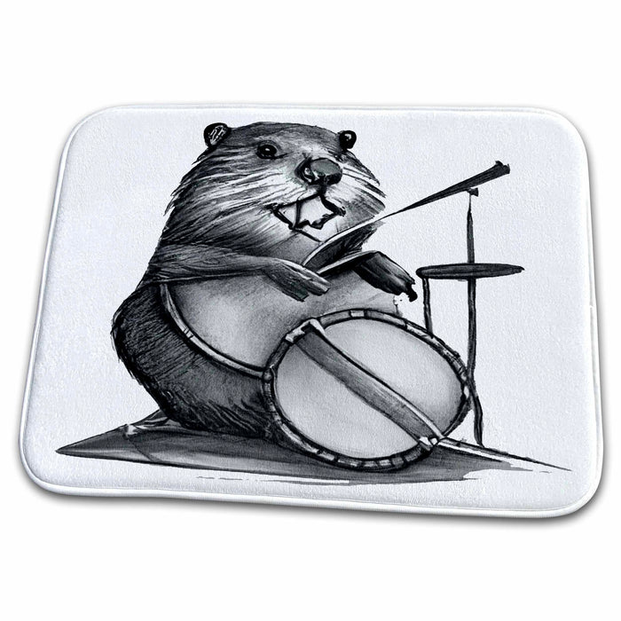 Dish Drying Mat - Cute funny Beaver Drummer Playing the Drums Music Cartoon Music and Animals