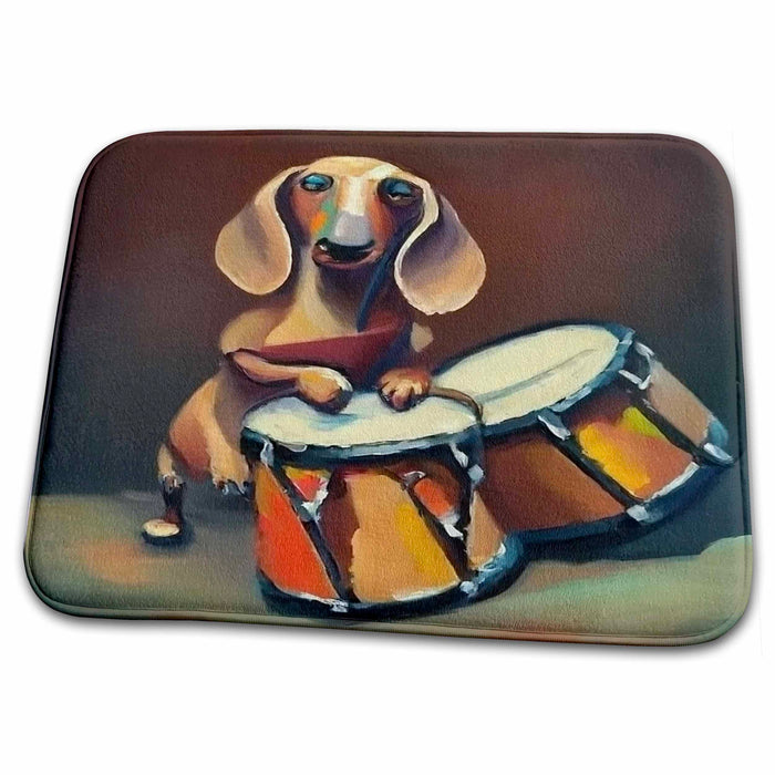 Dish Drying Mat - Cool Cute Funny Dachshund Puppy Dog Playing Drums Music Cubism Pets