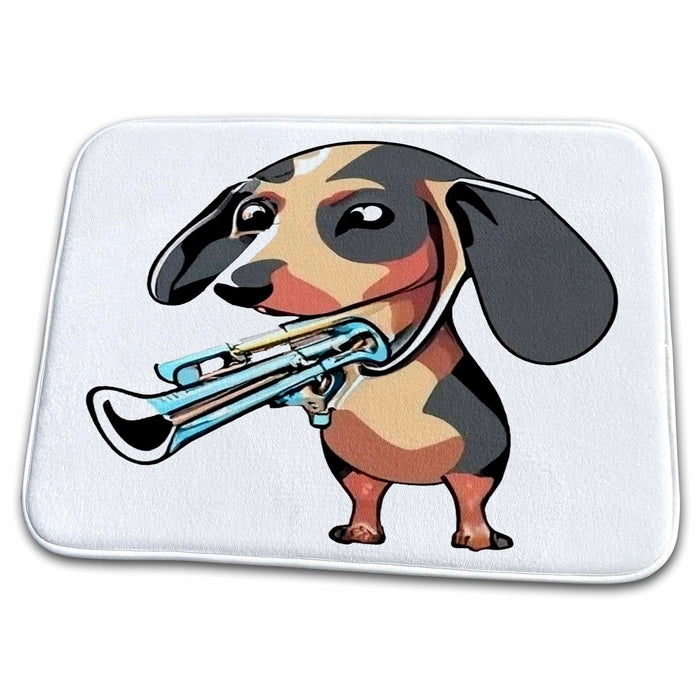 Dish Drying Mat - Cool Cute Funny Dachshund Puppy Dog Playing Trumpet Music Cubism Pets