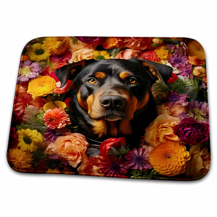 Dish Drying Mat - Rottweiler dog with floral background CR Media - Illustrations