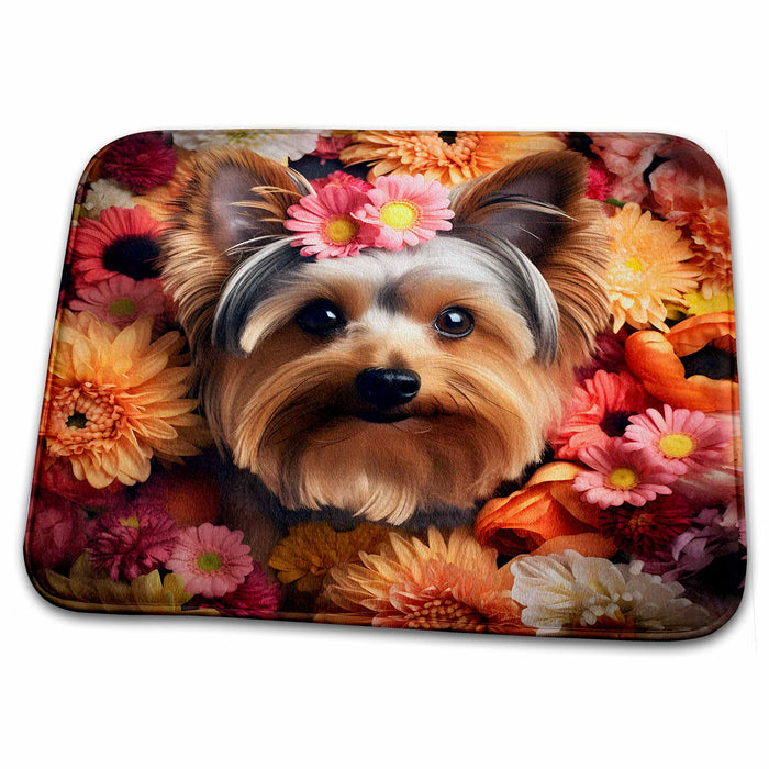 Dish Drying Mat - Yorkshire Terrier with floral background CR Media - Illustrations