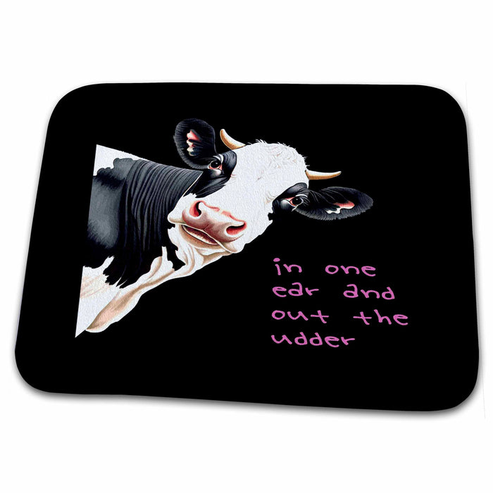 Dish Drying Mat - In One Ear Out Of The Udder Pun Cartoon Style Cow Vector Art - Cow Humor