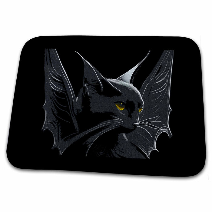 Dish Drying Mat - A Black Bat Cat With Large Pointy Ears And Wing In A Gothic Style Vector Art - Halloween Cat