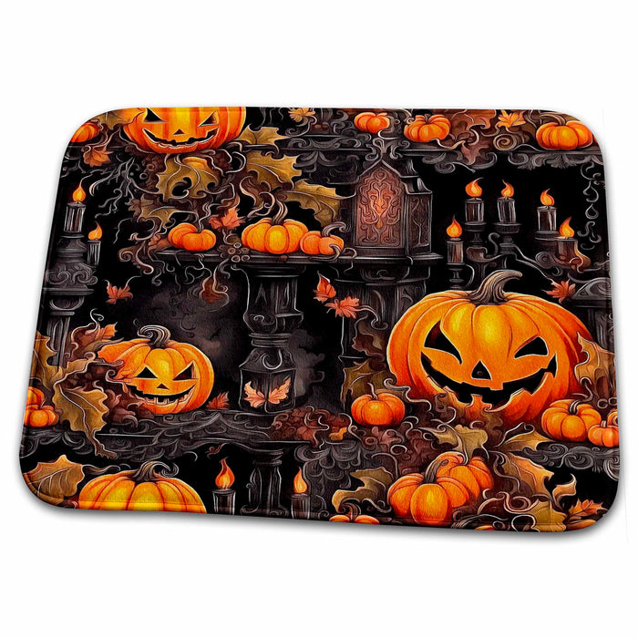 Dish Drying Mat - Jack O Lanterns And Gothic Candle Random Pattern Acrylic Painting - Jackolanterns