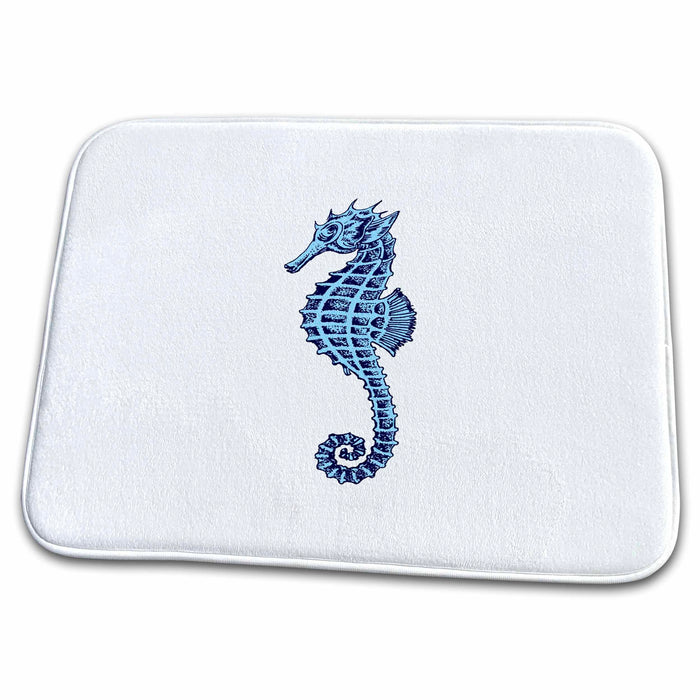 Dish Drying Mat - Cute Seahorse Tattoo Style In Blue and Gray Vector Art - Seahorse