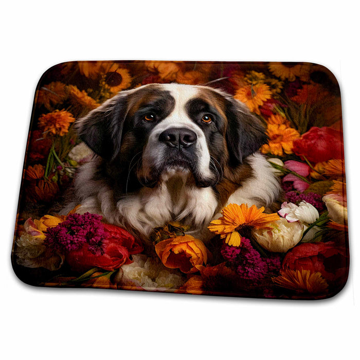 Dish Drying Mat - St. Bernard with floral background CR Media - Illustrations