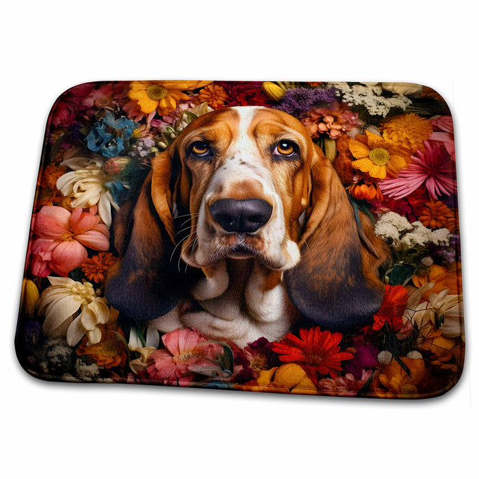 Dish Drying Mat - Basset Hound with floral background CR Media - Illustrations