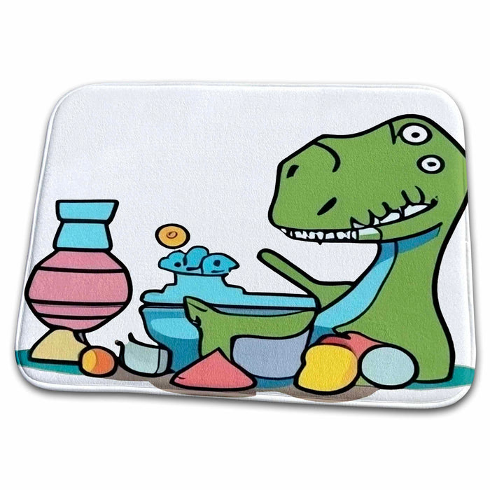 Dish Drying Mat - Cute funny T-rex Dinosaur Making Pottery with Clay and Throwing Sports and Hobbies