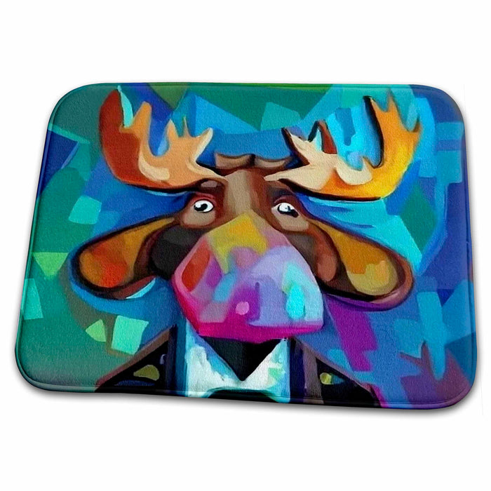 Dish Drying Mat - Cute Funny Colorful Moose Face in Cubism Style Nature Abstract Art Animals