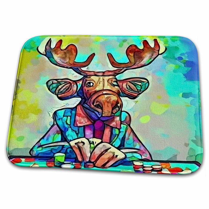 Dish Drying Mat - Funny Moose Gambling Playing Cards Gambler Cubism Abstract Art Sports and Hobbies