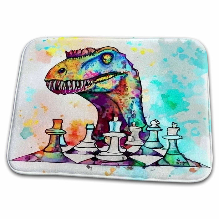 Dish Drying Mat - Cute Cool Funny T-rex Dinosaur Playing Chess Game Abstract Art Cubism Sports and Hobbies