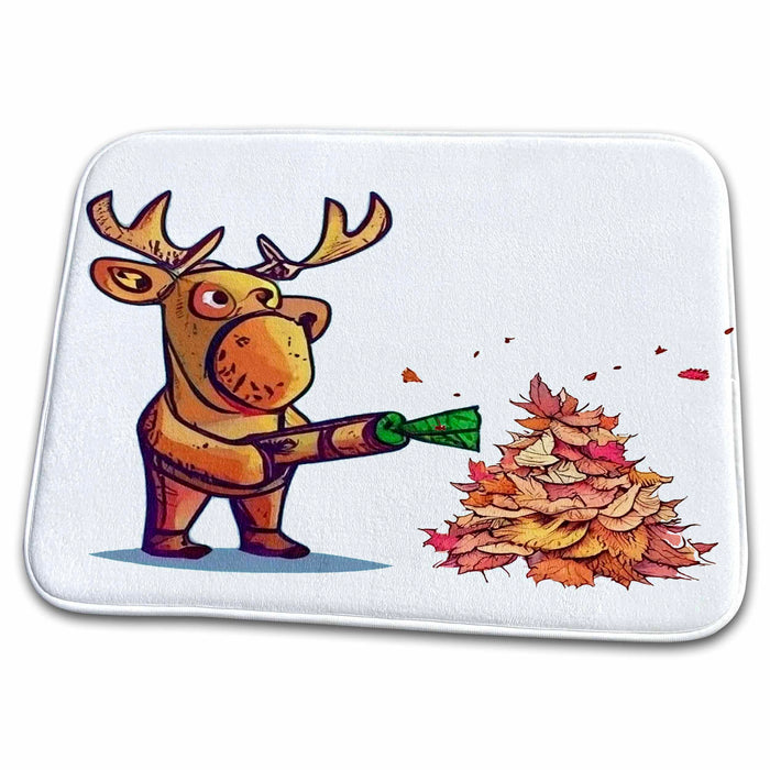 Dish Drying Mat - Cute Cool Colorful Moose using Leaf Blower Blower Fall Leaves Funny