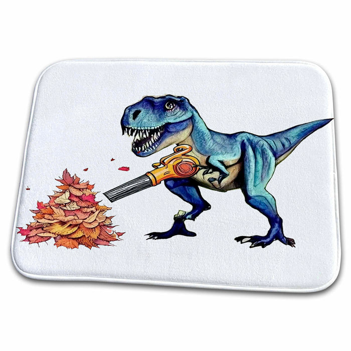 Dish Drying Mat - Funny Cute T-rex Dinosaur using Leaf Blower Blower Fall Leaves Funny