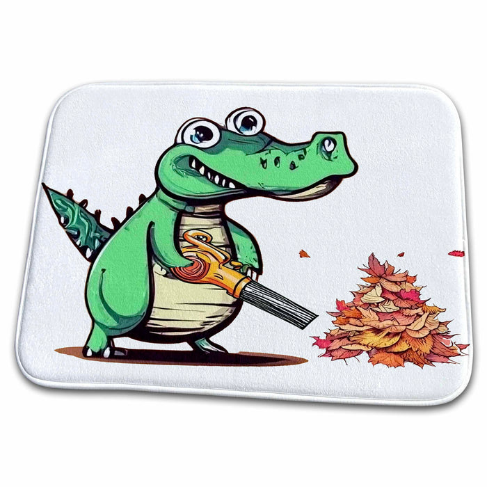 Dish Drying Mat - Cute Cool Colorful Alligator using Leaf Blower Blower Fall Leaves Funny