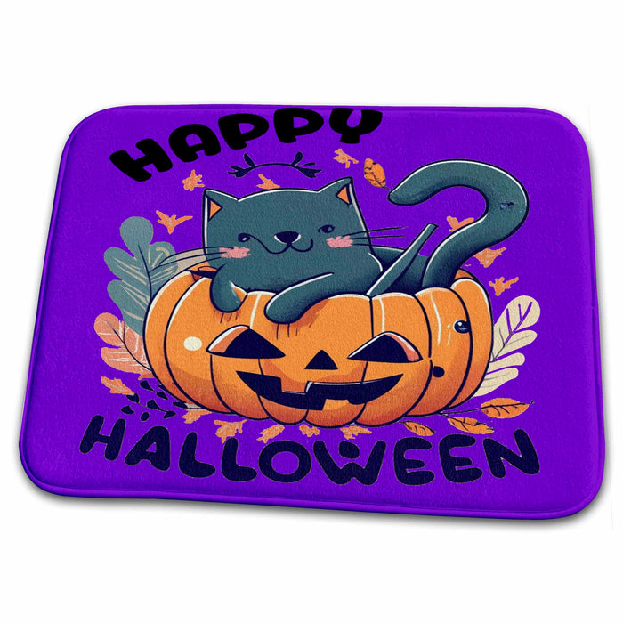 Dish Drying Mat - Cute Funny Grey Cat in Halloween Pumpkin Happy Halloween Halloween