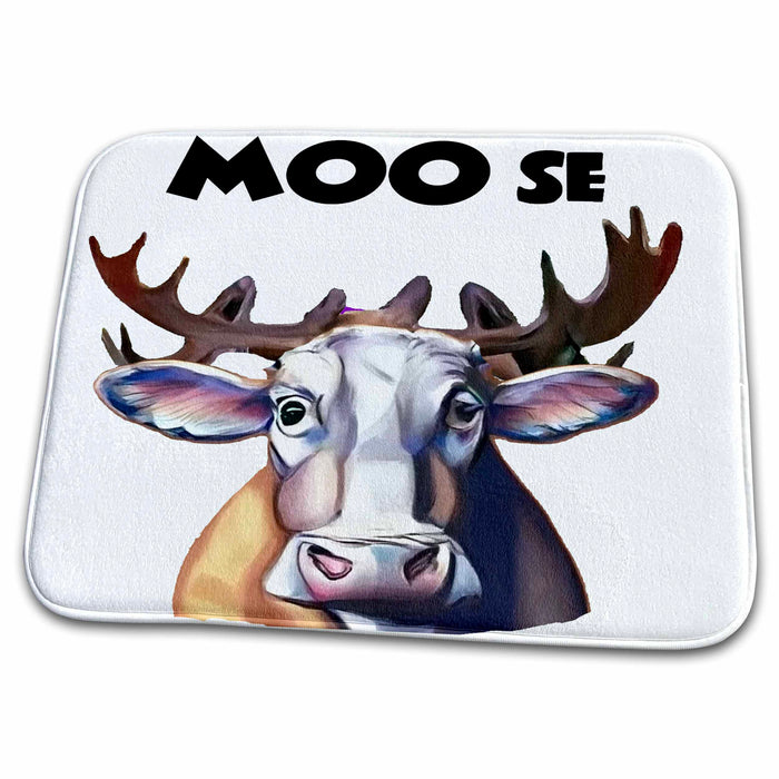 Dish Drying Mat - Funny Cute Cow with Moose Antlers MOO se pun and Satire Funny