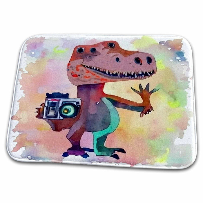 Dish Drying Mat - Cute Funny Colorful T-rex Dinosaur with Camera Photographer Sports and Hobbies