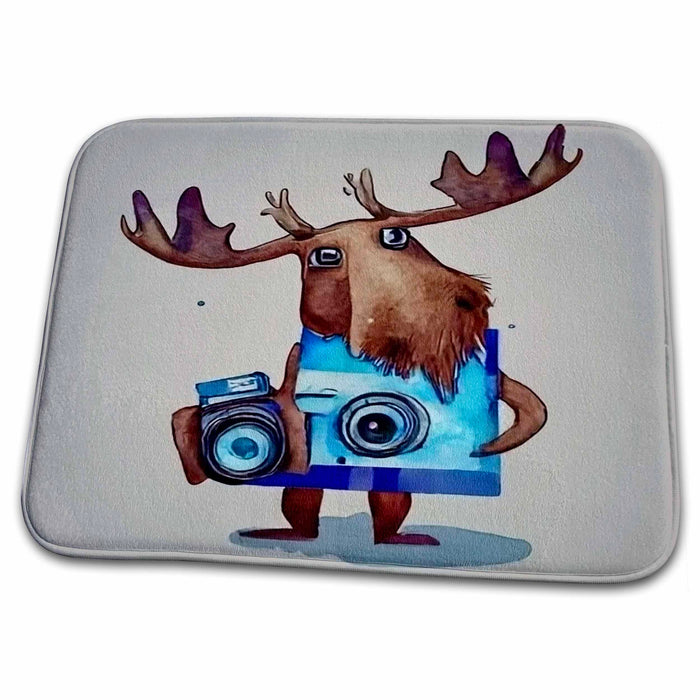 Dish Drying Mat - Cute Funny Colorful Moose with Camera Photographer Sports and Hobbies