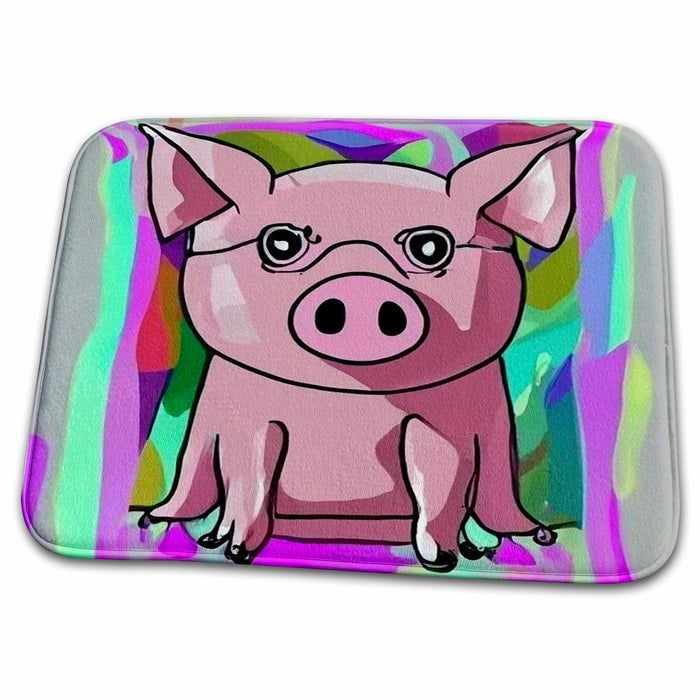 Dish Drying Mat - Cool Colorful Funny Pink Pig in Cubism abstract art style Animals