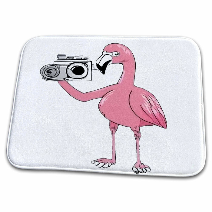 Dish Drying Mat - Cute Funny Colorful Pink Flamingo bird with Camera Photographer Sports and Hobbies