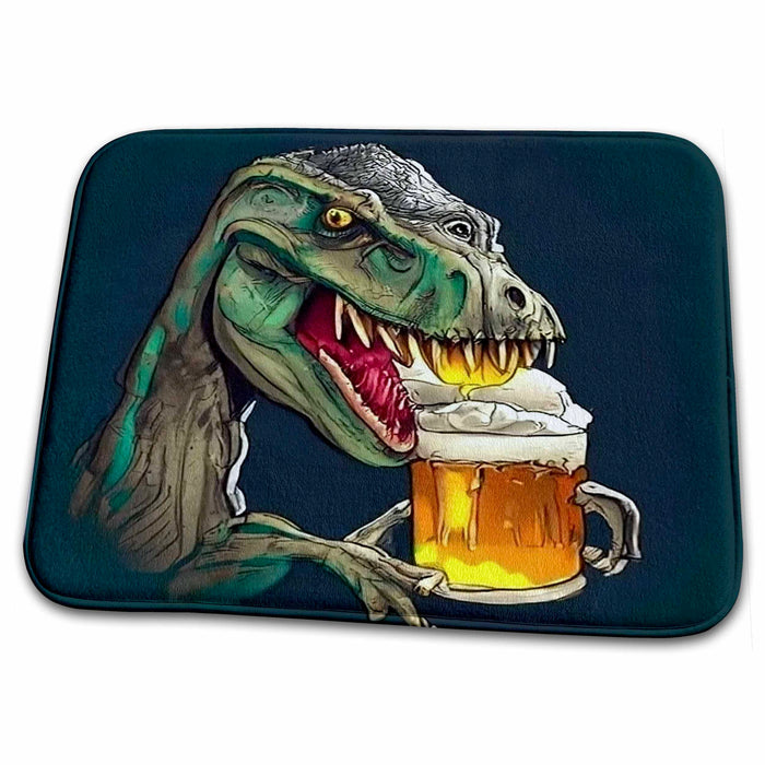 Dish Drying Mat - Cool Funny T-rex Dinosaur Drinking Beer in Steampunk style Funny