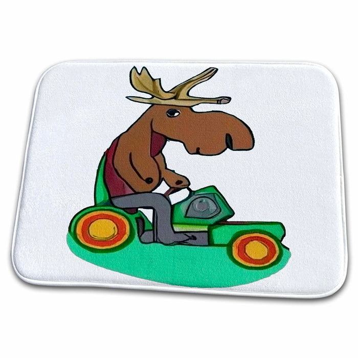 Dish Drying Mat - Funny Cute Moose riding Lawn Mower cutting grass Sports and Hobbies