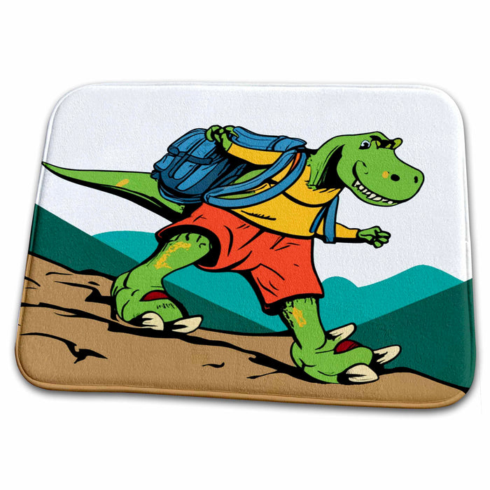 Dish Drying Mat - Cute Funny T-rex Dinosaur Hiking for Hikers and Campers and Old Age Sports and Hobbies