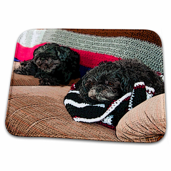 Dish Drying Mat - Shiatsu Lhasas Doggie and Shiatsu Pug Dog The Family Pets Just Relaxing on The Tan Couch Realistic