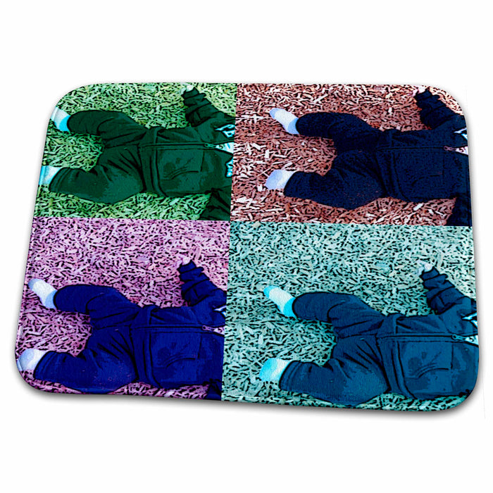 Dish Drying Mat - Babies Body Laying on Ground in Pattern Four Times on The Page in Green, Purple, Blue and Turquoise Realistic