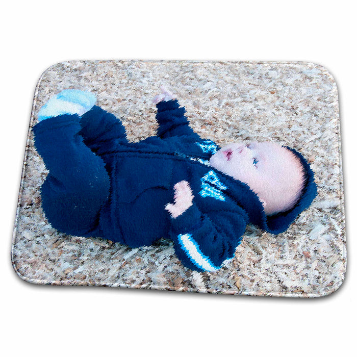 Dish Drying Mat - Adorable Baby Boy Laying on Ground at Park in Blue Sweat suit With His legs and Chubby Hands in Air Realistic