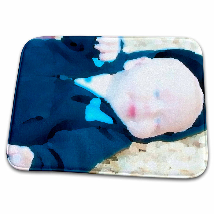 Dish Drying Mat - Baby in Blue Sweats with Hand Up and Laying On The Ground With Face Little out of Focus Realistic