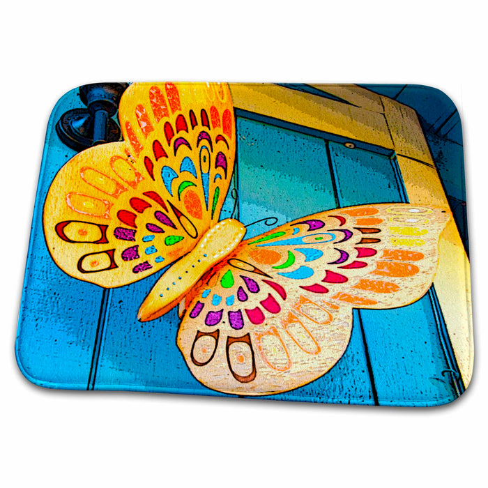 Dish Drying Mat - Vibrant Wooden Butterfly Hanging On The Outside of Blue Door With Red, Orange, Purple, Mint Realistic