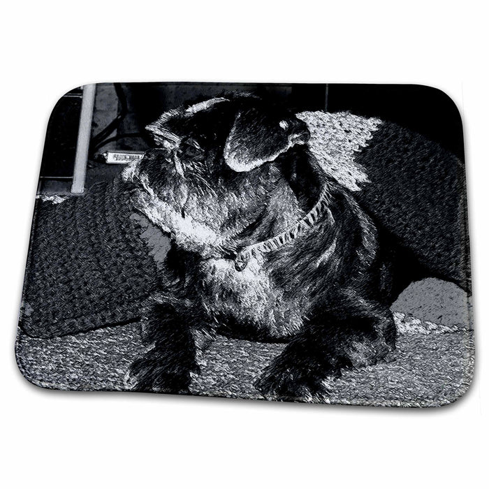 Dish Drying Mat - Black Shiatsu Pug Pet With Pink Bow In Her Hair After Having Been Groomed Done In Black and White Realistic