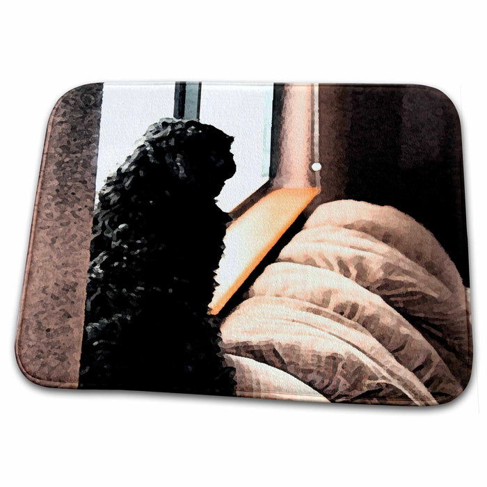 Dish Drying Mat - Beautiful Furry Black and White Shiatsu Lhasas Pet Dog Sitting on Top of Couch Looking Out Window Realistic